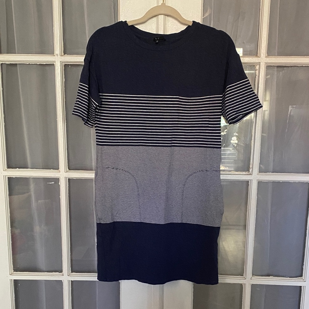 Theory Pelloa Navy Blue Striped T-Shirt Dress with Pockets